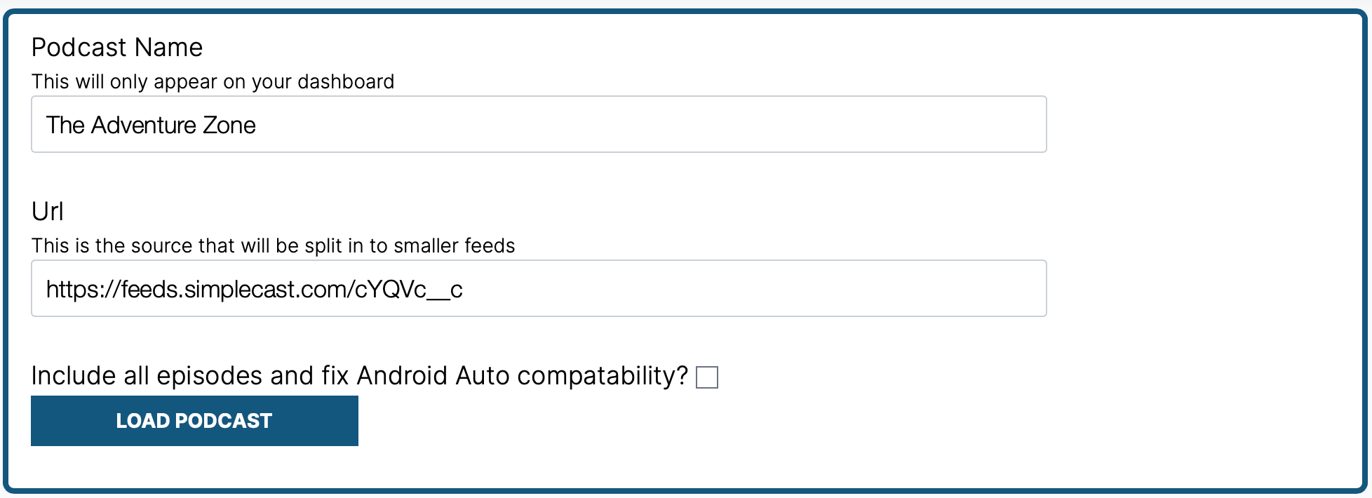 The UI for adding the podcast name and feed URL for The Adventure Zone