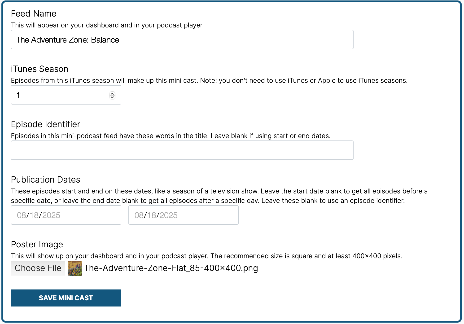 The UI for adding mini feed details, here concentrating on the iTunes season.