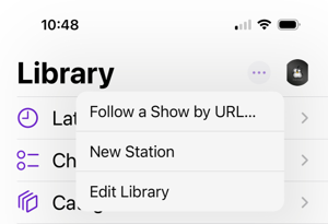 A screenshot of Apple Podcasts library menu exposed by selecting the three dots on the library page. The option to 'Follow a Show by URL' is available at the top.